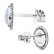 Large Oval Rainbow Moonstone Stud Silver Earrings, e336